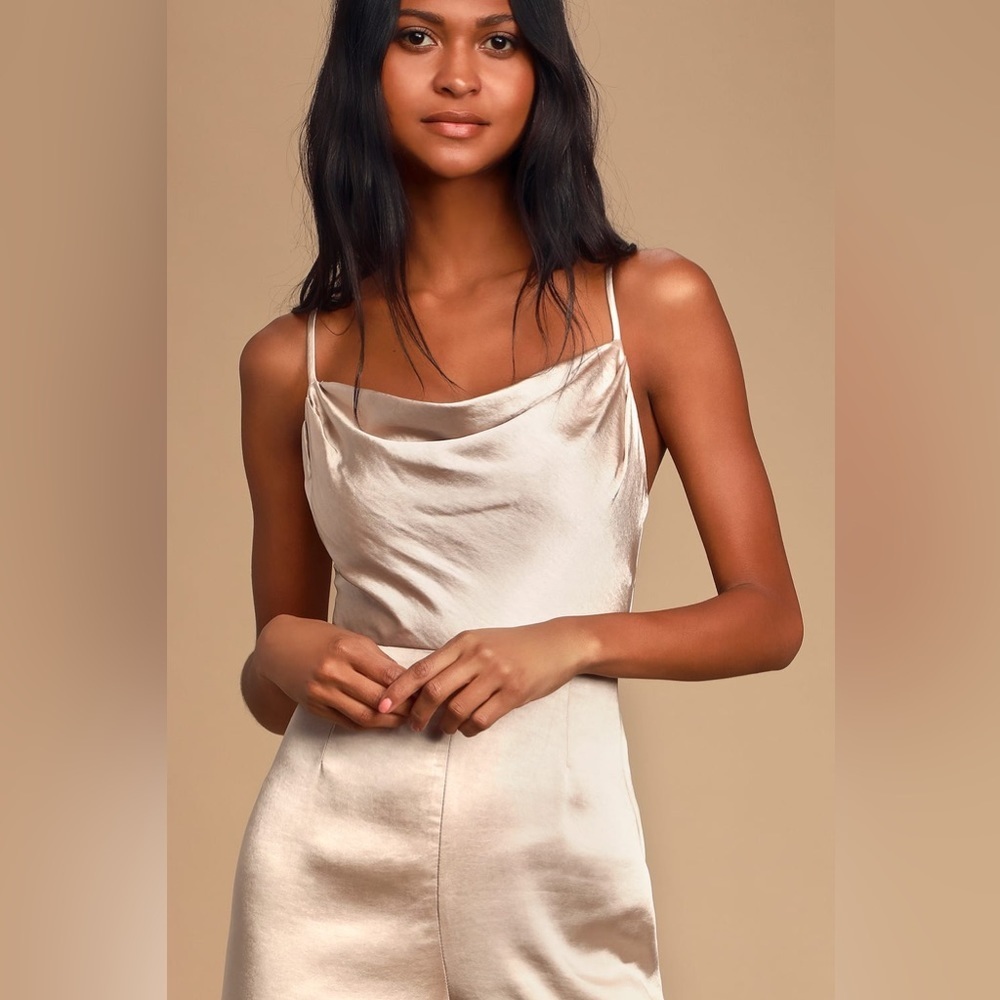 LUSH Champagne Satin Cowl Neck Culotte Jumpsuit - Picture 5 of 7